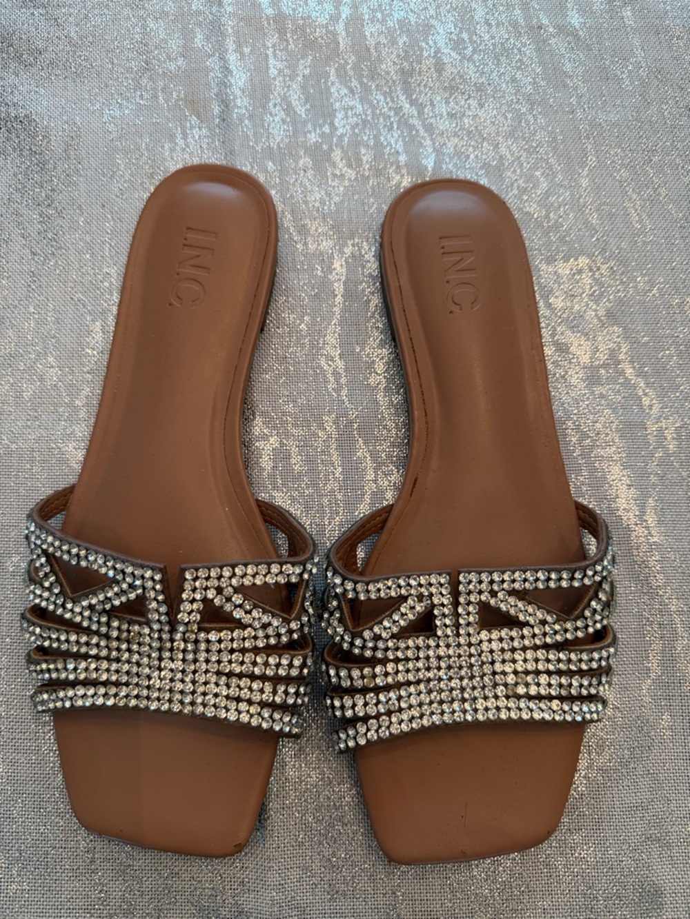 INC International Concepts Brown Slide Sandals with Rhinestone Straps